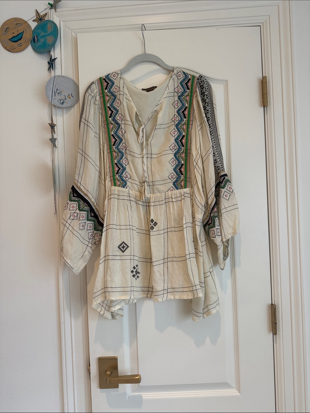 Embroidered Cream Boho Tunic with Multicolor Trim